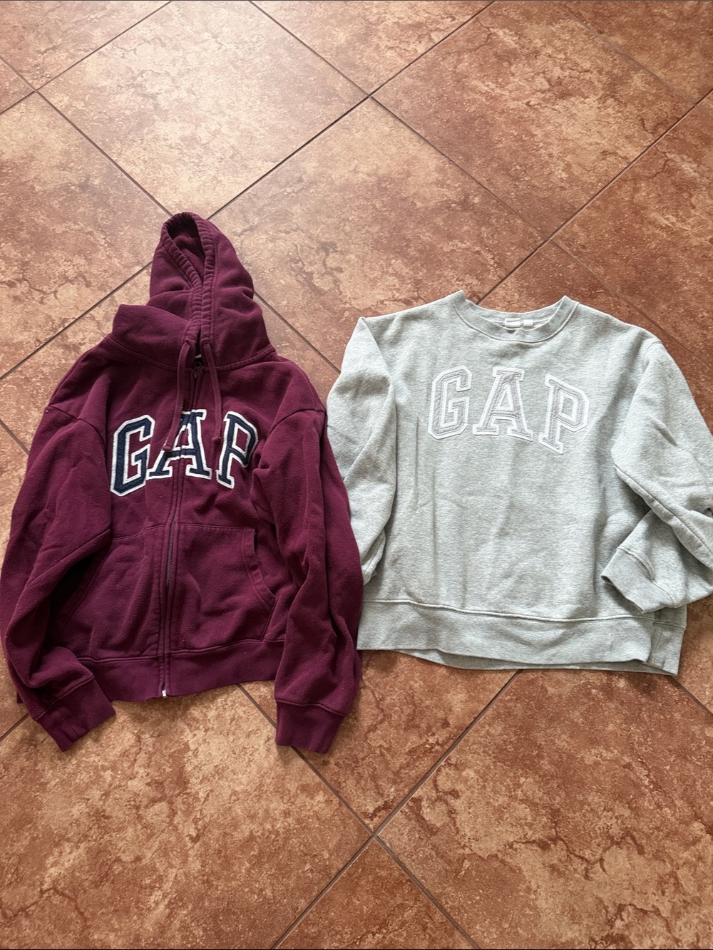 GAP Maroon Zip Hoodie and Light Gray Crew Sweatshirt